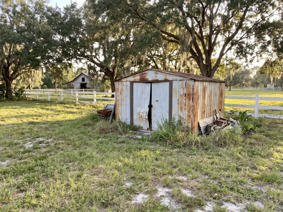 Illustration: a rusted metal garden shed with dented doors in the backyard on a large Parkland country lot with white horse fencing, oak trees and a barn, warm late-afternoon light
