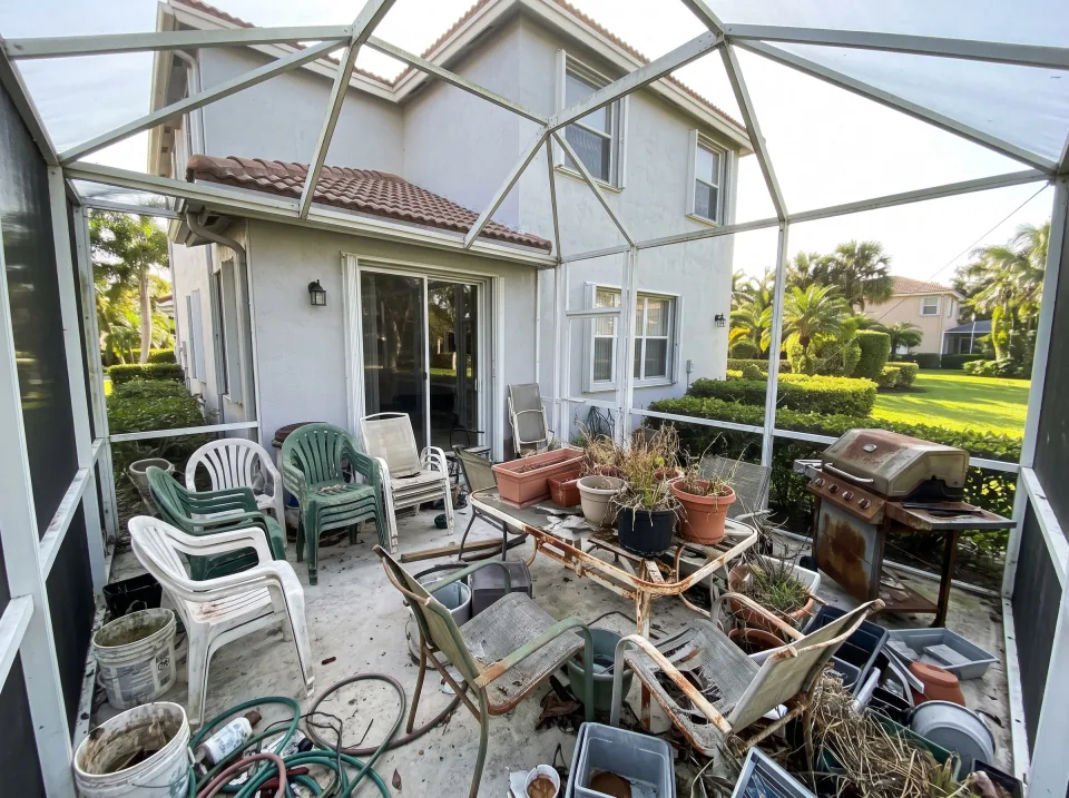 Illustration: a screened patio crowded with faded patio chairs, a broken table, an old grill and planters at a light gray two-story home in a Princeton gated community with manicured landscaping, barrel tile roof, bright morning light