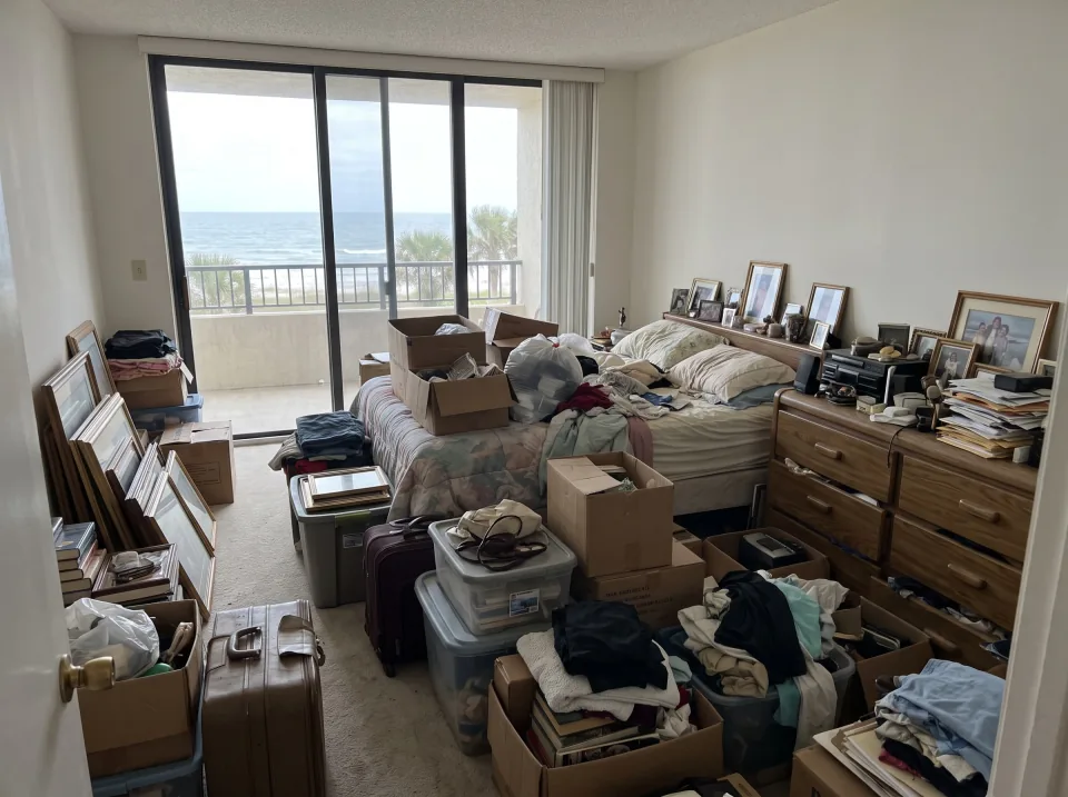 Illustration: a bedroom full of a lifetime of belongings: a bed, dresser, boxes and framed pictures inside a Sea Ranch Lakes beachside condo unit with ocean view through sliding glass doors, soft overcast light