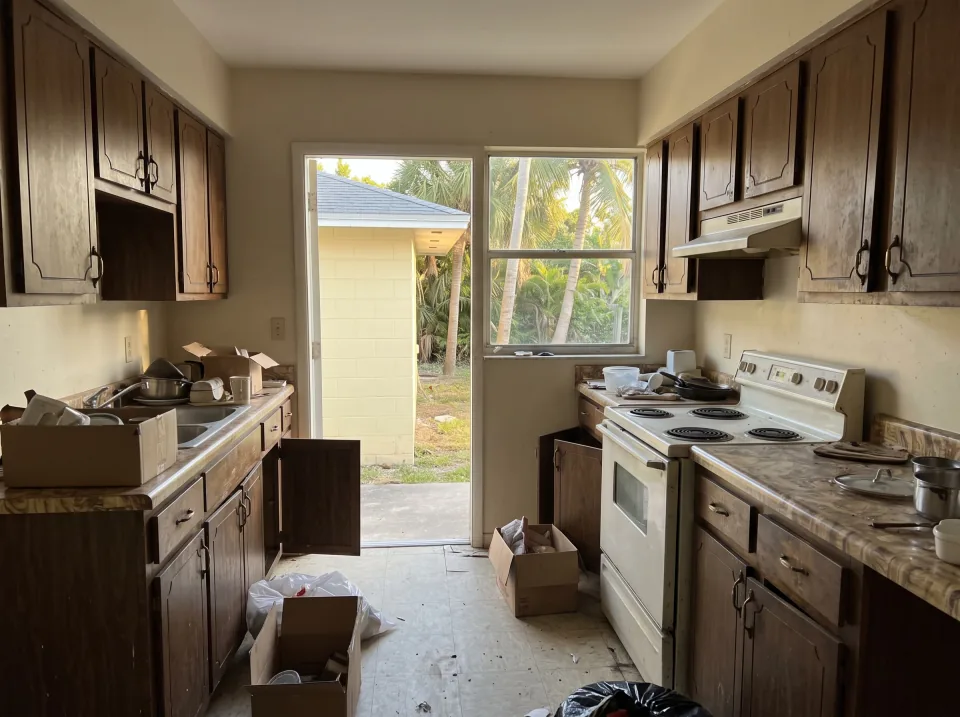 Illustration: a dated kitchen with old wood cabinets, laminate counters and a white stove at a pale yellow single-story South Miami Heights concrete block home with a gray shingle roof and palm trees, warm late-afternoon light