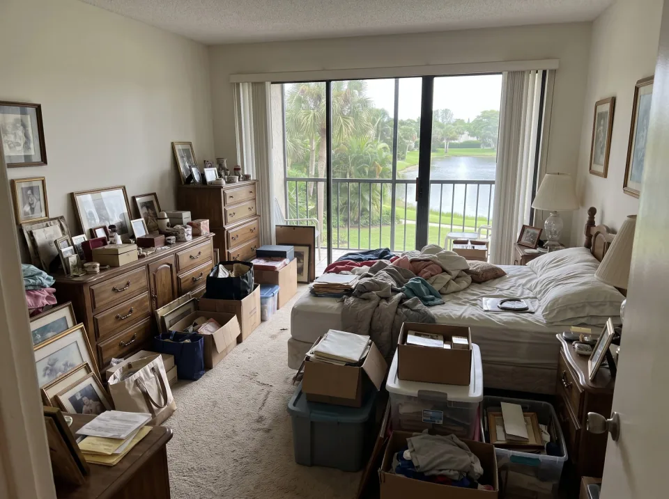 Illustration: a bedroom full of a lifetime of belongings: a bed, dresser, boxes and framed pictures inside a South Palm Beach garden-style condo unit with a screened balcony looking out on palm trees and a lake, soft overcast light