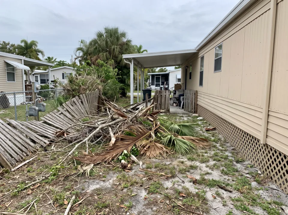Illustration: a side yard full of storm-fallen branches, palm fronds and an old fence section at a sand beige mobile home in a Tamiami park with a carport and small yard, soft overcast light