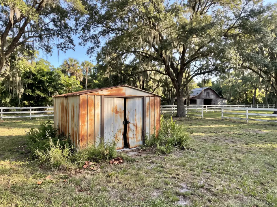 Illustration: a rotting wooden backyard shed being taken down and hauled away