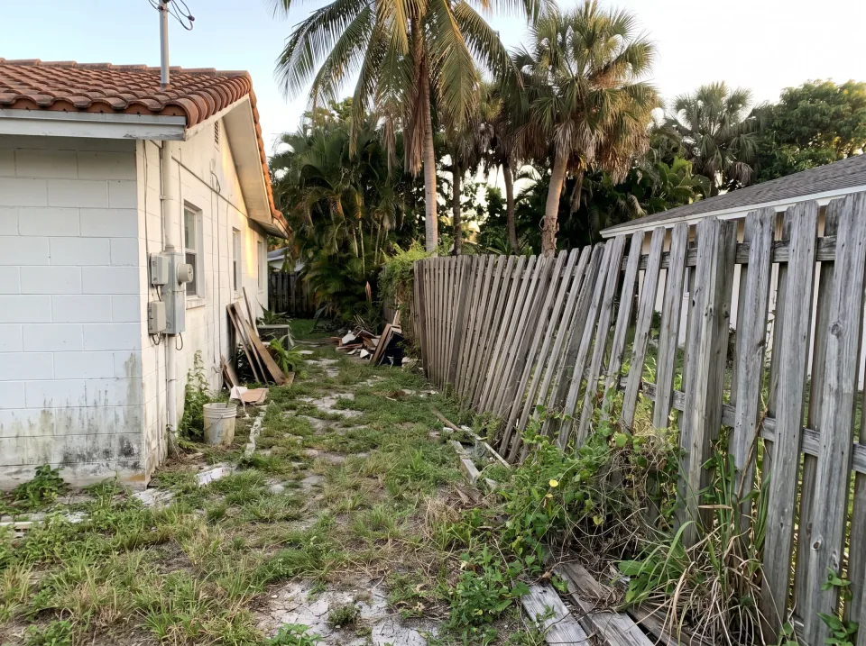 Illustration: a leaning, weathered wooden privacy fence with missing boards along the side yard at a white single-story West Little River concrete block home with a barrel tile roof and palm trees, warm late-afternoon light