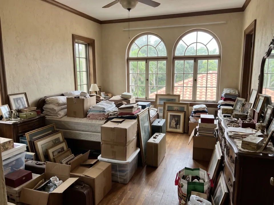 Illustration: a bedroom full of a lifetime of belongings: a bed, dresser, boxes and framed pictures at a sand beige historic West Palm Beach home with arched windows, barrel tile roof and big shade trees, soft overcast light