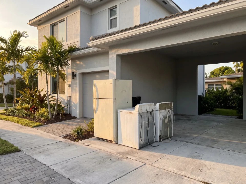 Illustration: an old refrigerator, a washer and a dryer pushed together in the carport at a light gray Wilton Manors townhome with a small front garage and young palms, warm late-afternoon light